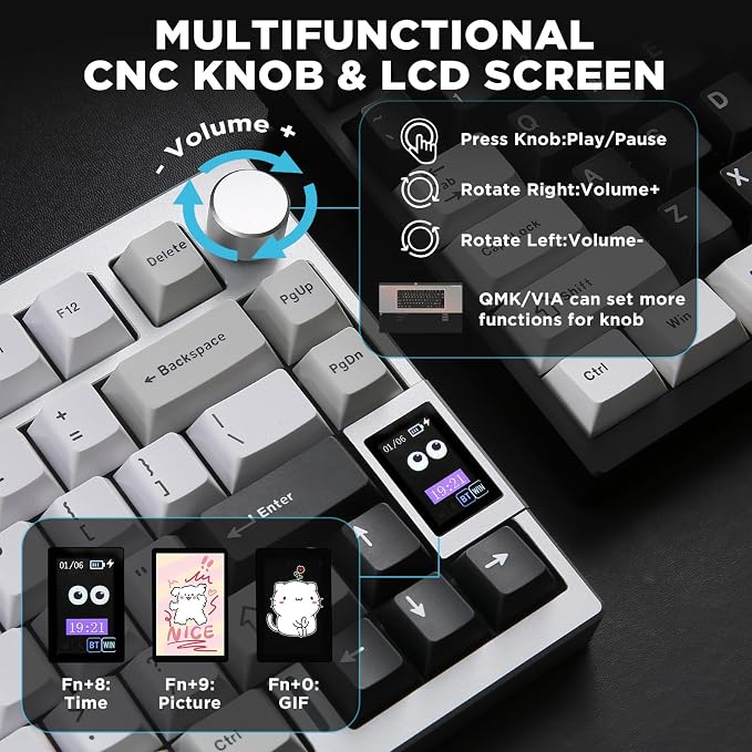 YUNZII AL80 75% Wireless Aluminum Mechanical Keyboard(Silver,Gateron Zero) | QMK/VIA, Smart LCD Display and Knob, Hot Swap, Gasket Structure, BT/2.4G/USB-C, RGB Keyboard for Gaming/Win/Mac