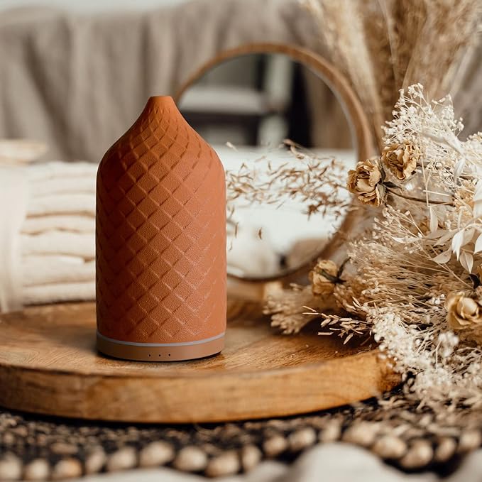 Essential Oil Diffuser for Home, Ceramic Aromatherapy Diffuser for Essential Oils, 120ml Oil Diffuser with Waterless Auto-Off and 7 LED Lights for Large Room Yoga Spa (Terracotta)