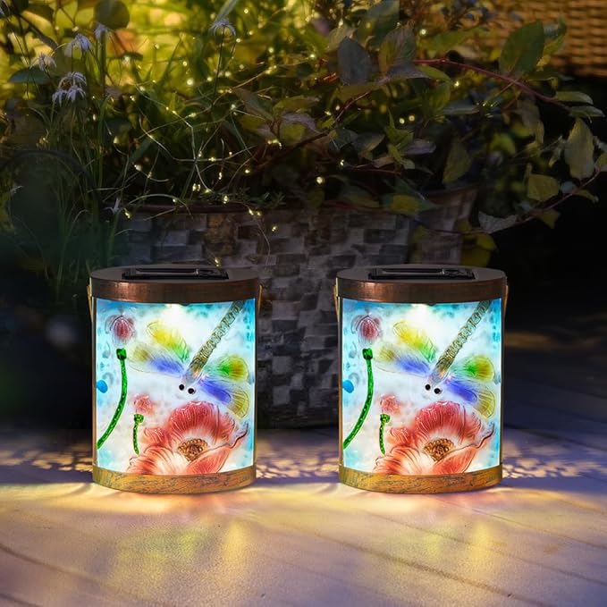 Starsoul 2 Pack Hanging Solar Lantern Outdoor Waterproof Glass Dragonfly and Lotus Decorative Solar Lights for Outside Garden Yard Table Patio Decor