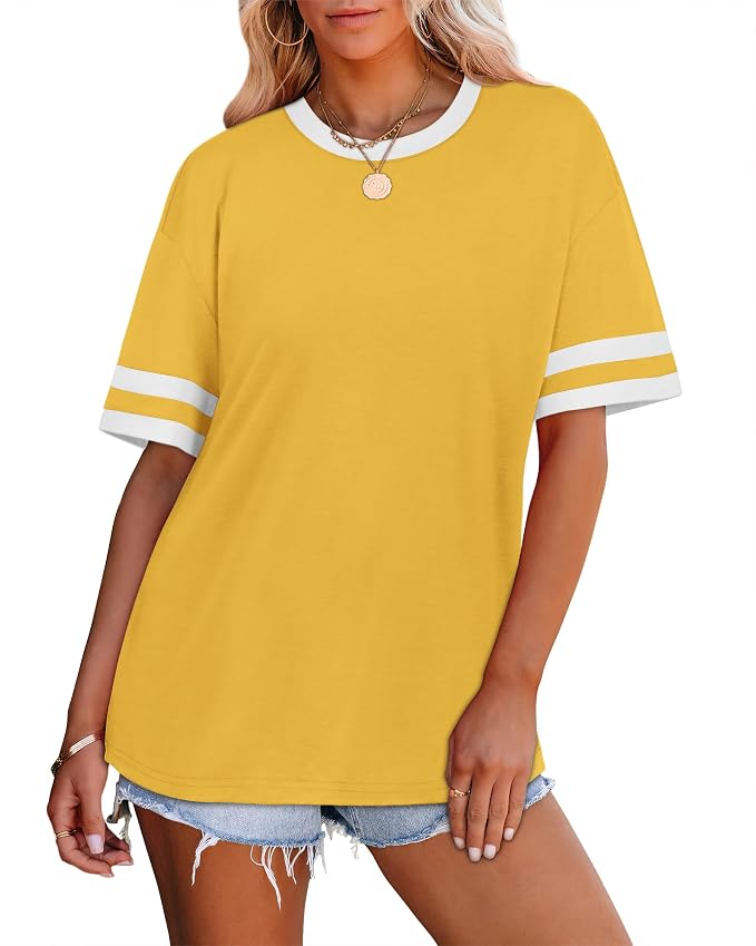 WIHOLL Womens T Shirts Loose Fit Short Sleeve Tees Crew Neck Color Block Summer Tops 2026 Fashion