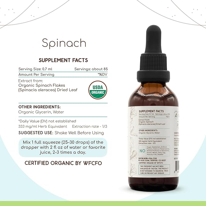 Spinach B60 USDA Organic Tincture | Alcohol-Free Extract, High-Potency Herbal Drops | Certified Organic Spinach (Spinacia oleracea) Dried Leaf (2 oz)