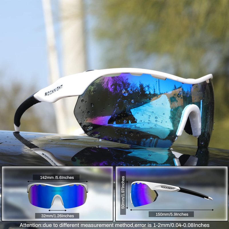 ROCKNIGHT HD Polarized Sports Sunglasses Cycling Driving Baseball Outdoor Ultralight TR90 Frame Big Lens (White Frame/Blue Revo Lens)
