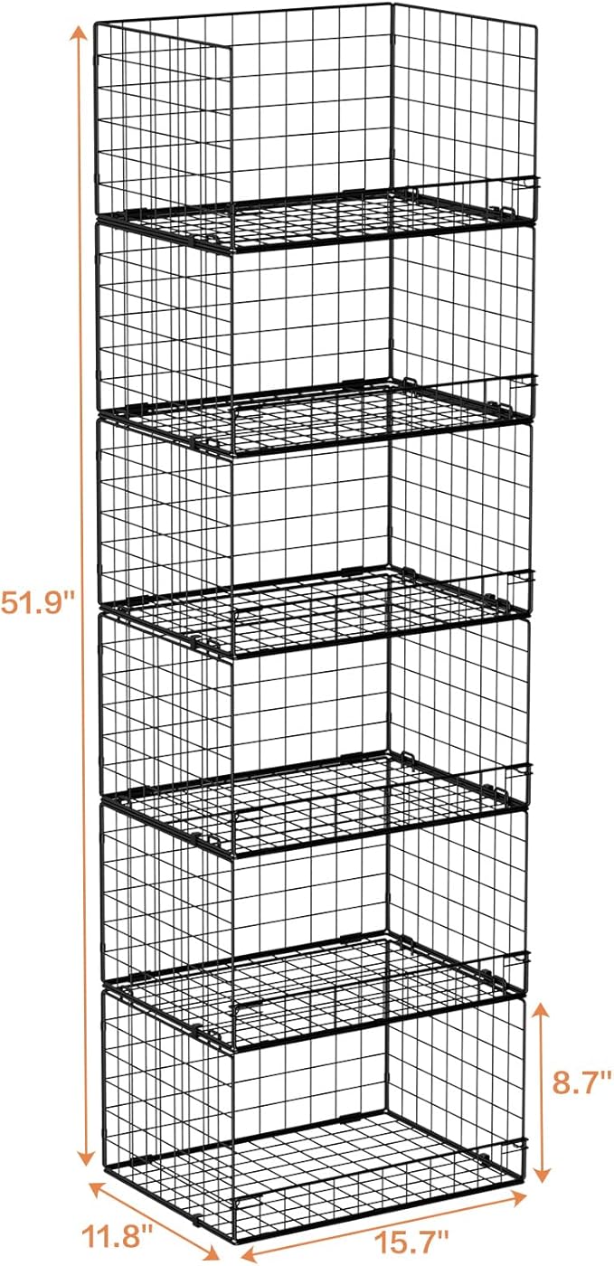 6-Tier Stackable Closet Organizers and Storage Shelves, Closet Shelf Organizer Basket Bins, Foldable Sweater Storage for Clothes Organizer System, Black（Patent Pending）