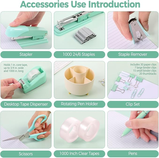 SKYDUE Teal Office Supplies Set, Office Desk Accessories 10Pcs, Pencil Holder for Desk, Stapler, Tape Dispenser, Scissors, Clips and 1000pcs Staples, School Supplies for Teacher