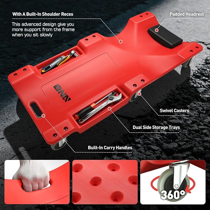 DNA MOTORING 40 Inch Mechanic Creeper, Blow Molded Low Profile Rolling Garage Creeper, w/Padded Headrest, Dual Tool Trays, 350lbs Capacity, Red, TOOLS-00005