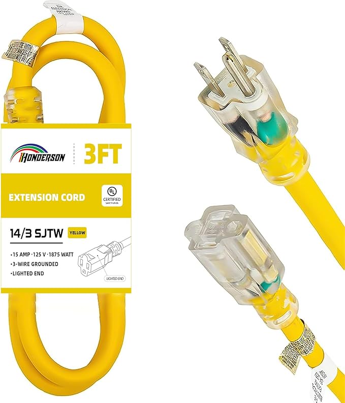 Extension Cord Weatherproof with Lighted End, UL Listed, 14 Gauge 3FT Yellow 3 Prong Heavy Duty, 14/3 SJTW 15A Power Cord for Lights, Lawn
