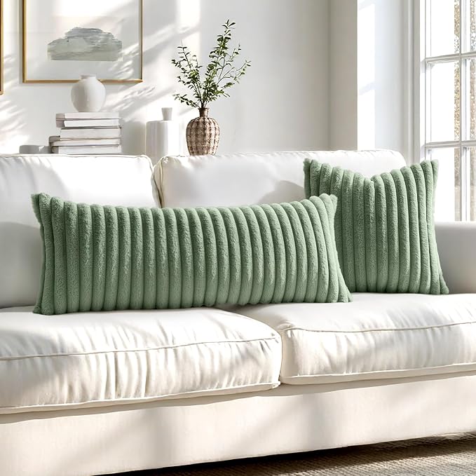 MIULEE Faux Fur Lumbar Throw Pillow Covers 12x20 Set of 2 Sage Green | Modern Soft Plush Couch Pillows, Cozy Fluffy Cushion Covers for Sofa Bed Living Room Home Decor