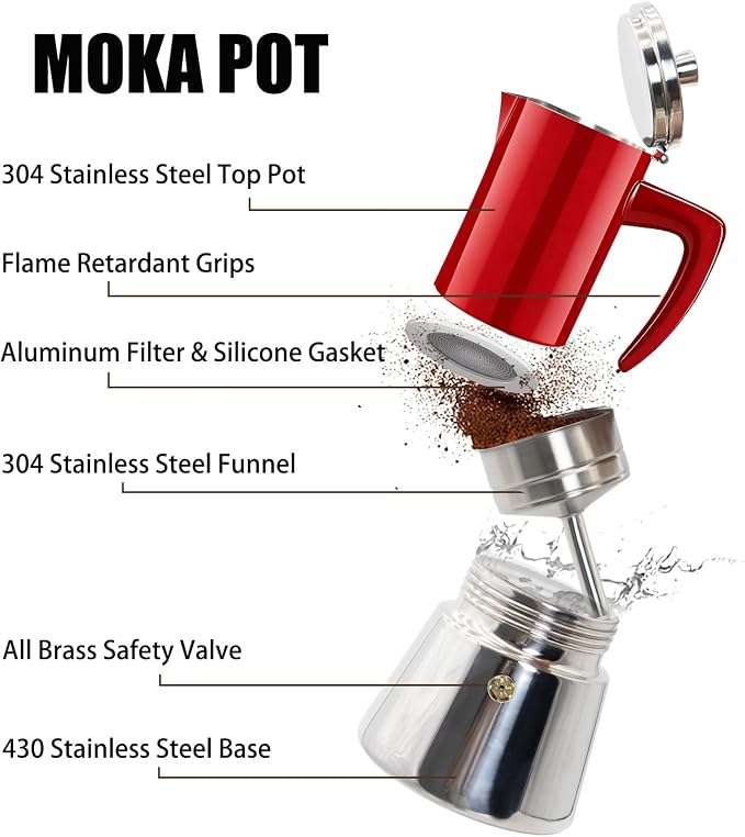 12 Cup Thickened 304 Stainless Steel Moka Pot Stovetop Espresso Maker Cafeteras Italian Percolator Espress Makers Capable Greca Mocha Coffee Machine for Induction Home and Camping 600ml 20oz