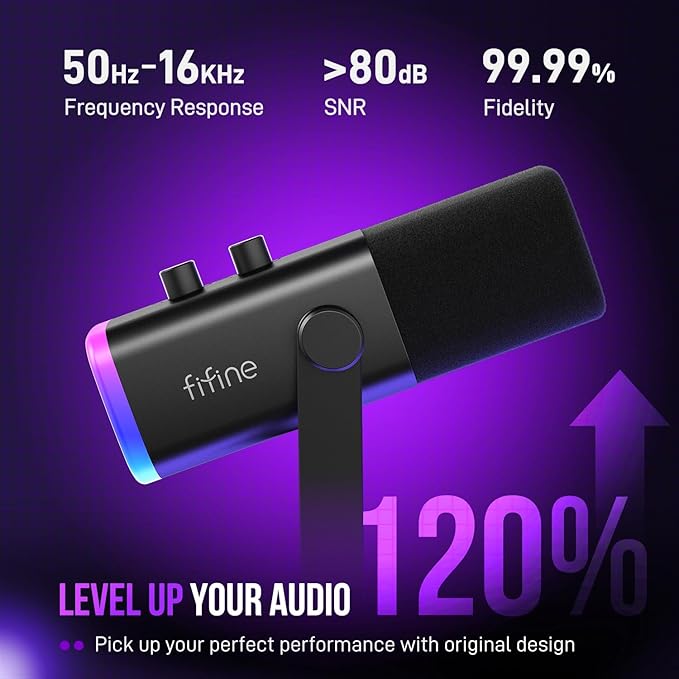 FIFINE AmpliGame AM8 USB/XLR Dynamic Microphone for Gaming Streaming | Podcast Mic with RGB Light, Mute Button, Headphones Jack, Desktop Stand, for Vocal Recording Singing YouTube
