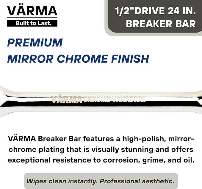 1/2-Inch Drive Breaker Bar, 24-Inch – Heavy Duty CR-MO Head & 23mm Thick Shaft – Dual-Knurled Non-Slip Grip, Constant Tension Flex Head, Premium Mirror Chrome Finish