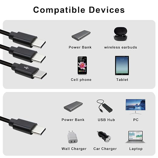 3 in 1 USB Type C Splitter Cable,USB C Male to 3 USB C Male Data Snyc and Charging Cord,USB C Multi Charging Cable for Cell Phones,Tablets and More(1.6FT/0.5M)