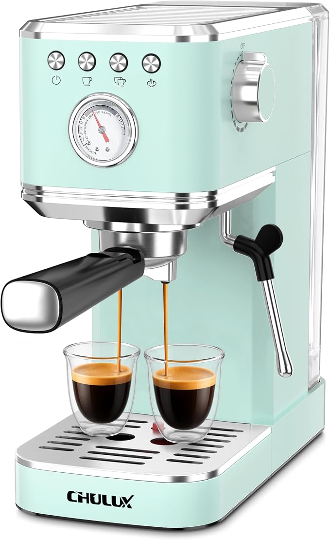 CHULUX Slim Espresso Machine with Milk Frother for Home Latte, Pastel Green | Precise Pressure Gauge, Food-Grade Materials, 20 Bar Italian Pump, Professional Temperature Control System, Stainless Steel