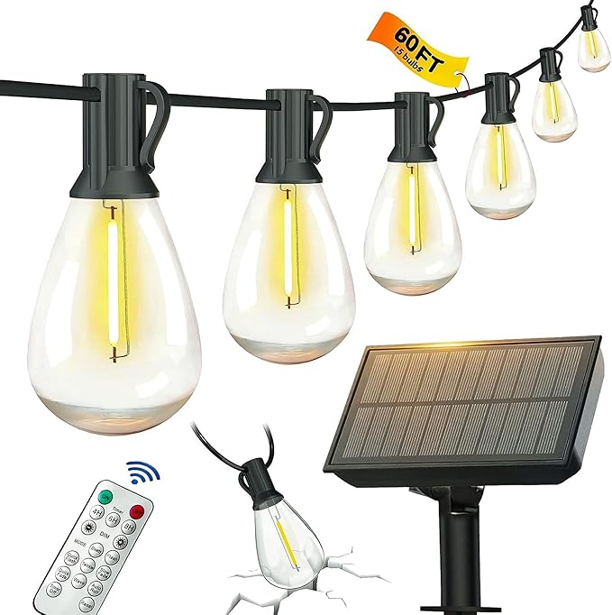 60FT Solar String Lights Outdoor Waterproof with Remote Control Solar Patio Lights 15+2 shatterproof LED Bulbs for Porch Garden Market Bistro Patio Backyard Fence