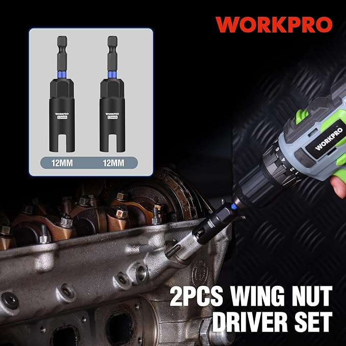 WORKPRO Wing Nut Driver Set 2 PCS, Power Wing Nut Driver Bit (12mm, 12mm), 1/4 Inch Hex Shank Nut Driver, Wing Nut Socket for Wing Nut, Eye Bolt, Wire Twisting