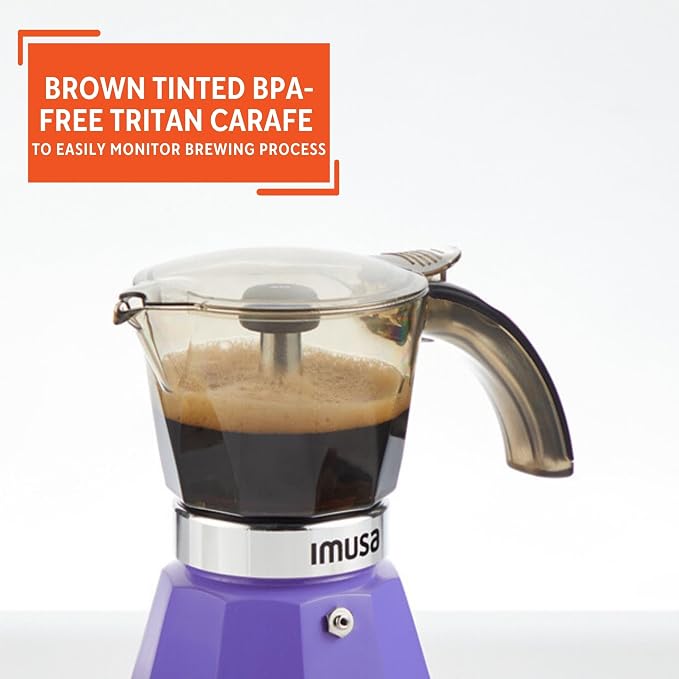 IMUSA 3 or 2 Cup Electric Espresso Maker with Cool-touch Handle, Purple | Bare Aluminum Finish, Detachable Base, Ideal for Espresso, Perfect for Everyday Use