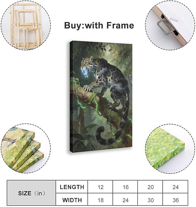 Framed Steampunk Mechanical Leopard Wall Art - Jungle Futuristic Beast Poster for Man Cave Living Room Decor 12x18inch(30x45cm)