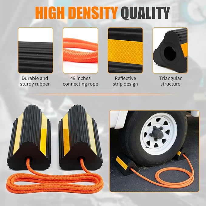 4 Pack Rubber Wheel Chocks for RV, Trailer, Camper & Truck | Heavy-Duty Tire Chock Blocks with Non-Slip Grip & Reflective Strips | Wheel Stopper for Car, Boat, Travel Trailer, RV Accessories