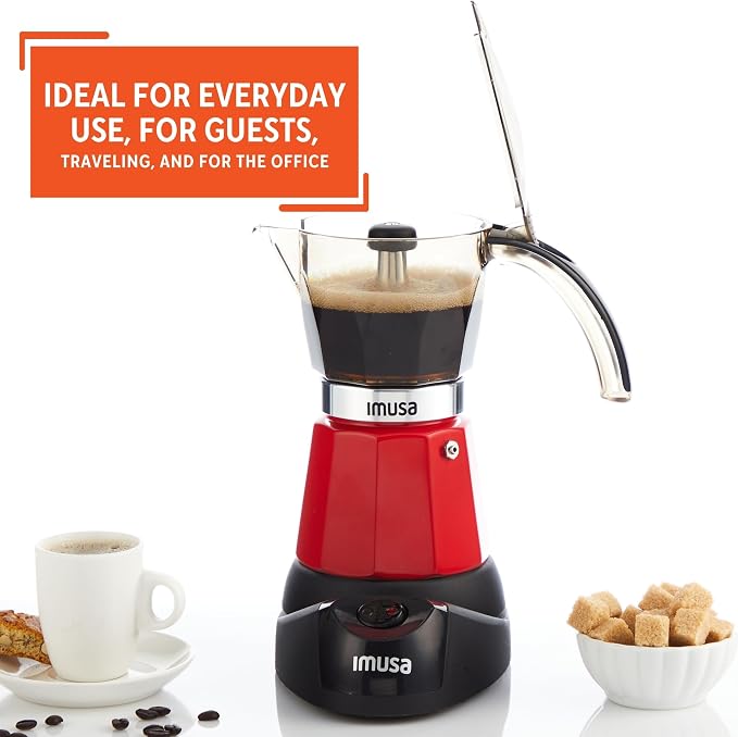 IMUSA 6 or 3 Cup Electric Espresso Coffee Maker with Cool-touch Handle, Red | Detachable Base, Visual Brewing Indicator, Durable Aluminum Construction, Ideal for Cuban and Italian Coffee