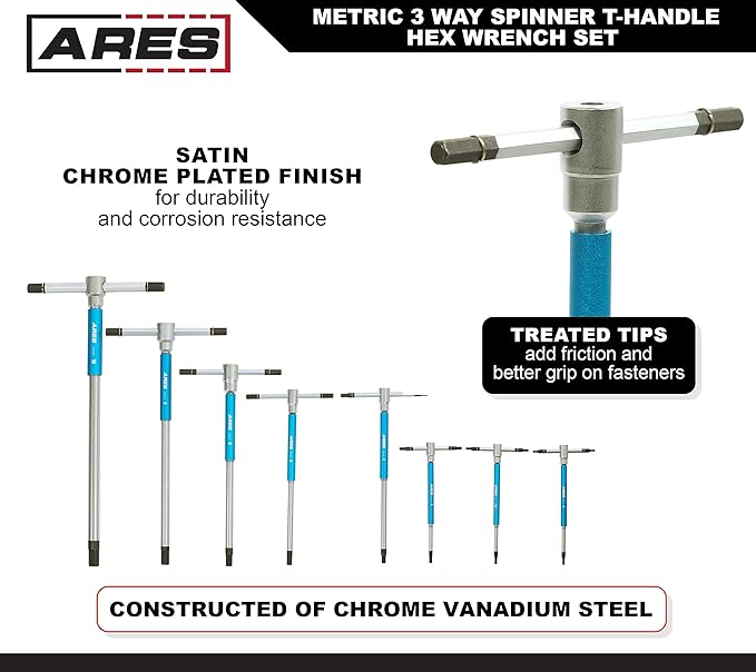 ARES 44001 – 8-Piece Metric T-Handle Hex Key Set – 3-Way Spinner Wrenches with Sliding Handle – 2mm to 10mm