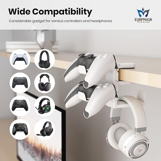 3-in-1 Headset&Controller Holder - EURPMASK Upgraded PC Gaming Headset Stand, Adjustable Clamp-on Headphone Holder,Headphone Controller Hook Under Desk w/ 360 Degree Swivel&Cable Clip Organizer-White