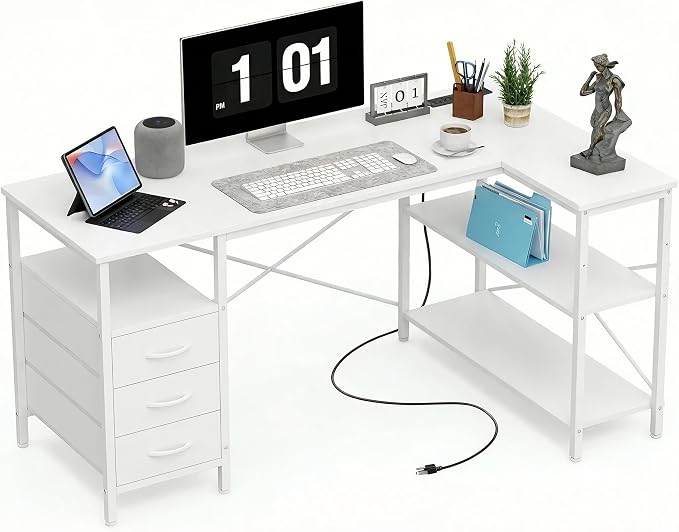 Alpen L Shaped Computer Desk, 55 Inch Corner Desk with Drawers and Power Outlets, Home Office Desk for Gaming, Study Writing PC Table with Storage and Reversible Shelf, White