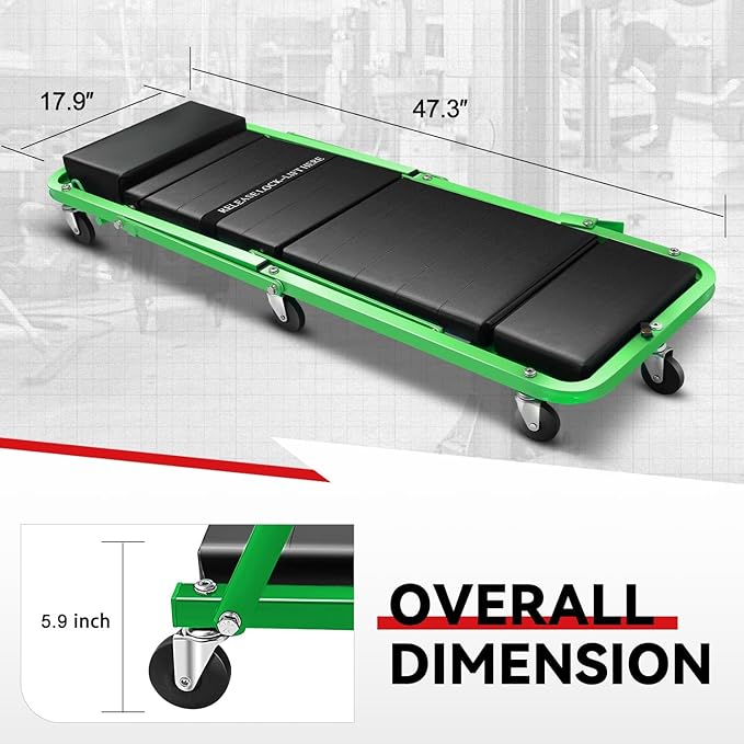 Auto Dynasty 48" Z-Creeper Seat, 2-in-1 Foldable Garage Rolling Creeper Shop Seat, 330 LBS Capacity Automotive Mechanic Under Car Repair Tool, Green