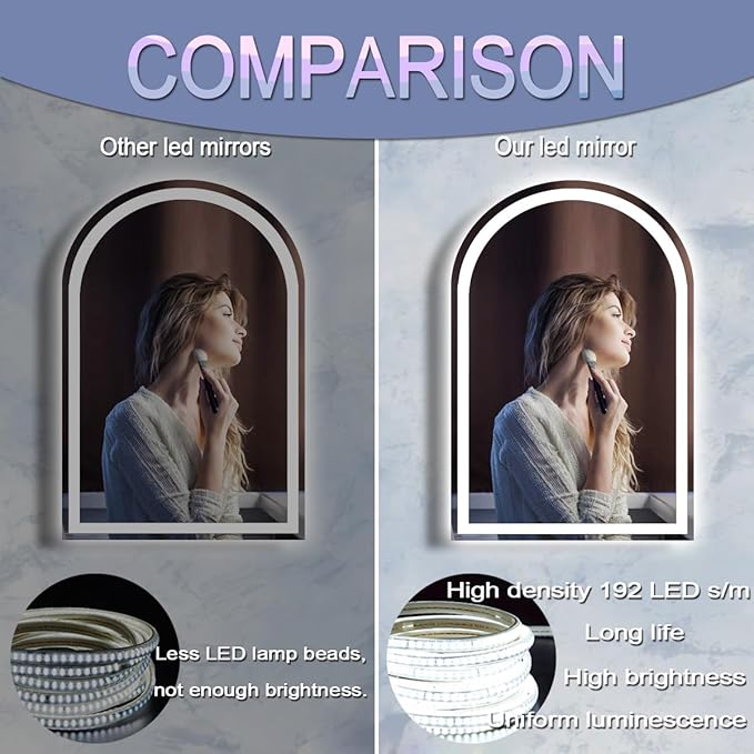 LED Arch Mirror with Lights 16 x 24 Inch Arched Lighted Mirror for Bathroom Makeup Table Wall Arch Vanity Mirror with Light Smart Memory 3 Color Dimmable AntiFog LED Arched Mirrors