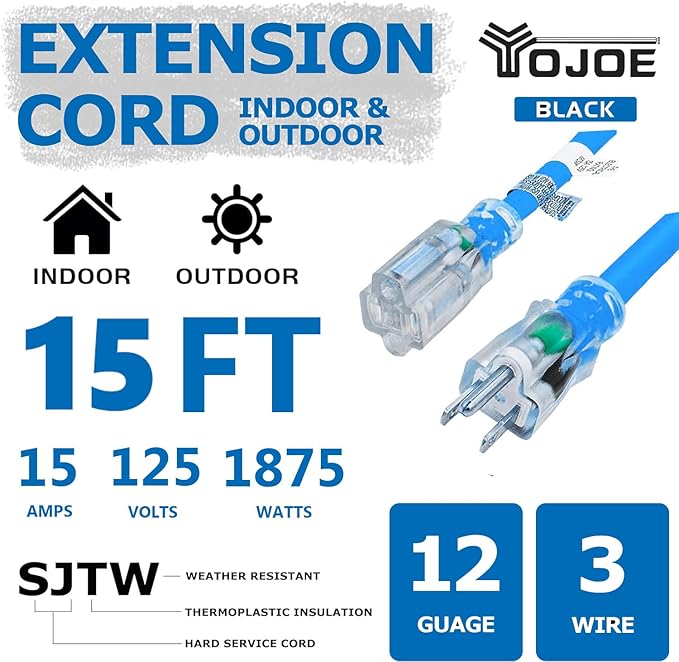YOJOE Indoor Outdoor Extension Cord with Lighted End, 3 Prong 15A Weatherproof Power Cord, 12 Gauge Heavy Duty 15 ft Blue Extension Cord for Garage, Garden and Home, 12/3 SJTW UL Listed