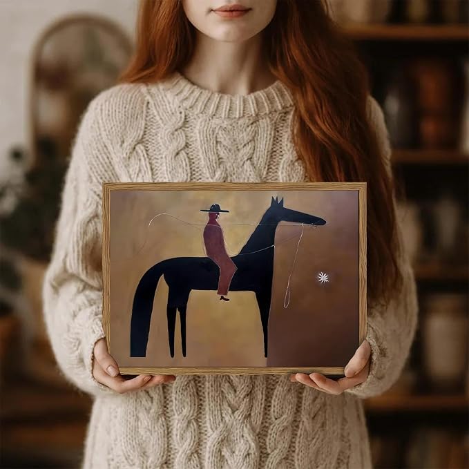 Vintage Western Cowboy Wall Art Abstract Southwestern Horse Wall Decor Painting, Mid Century Cowboy Poster Canvas Print Picture for Living Room Bedroom 12x16 inch Wood Framed