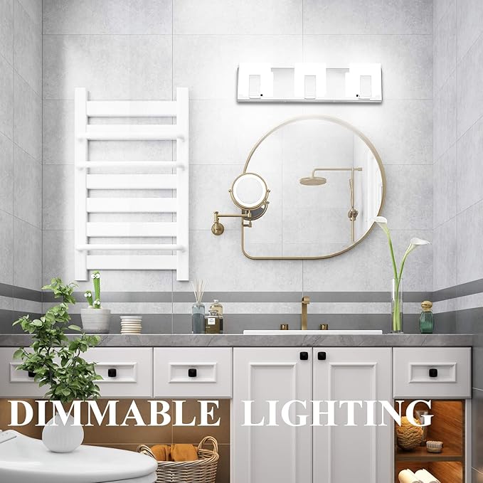 Aipsun 3 Lights Dimmable Modern LED Vanity Light for Bathroom Frosted White Acrylic Chrome Up and Down Bathroom Wall Light Fixtures Over Mirror(White Light 6000K)