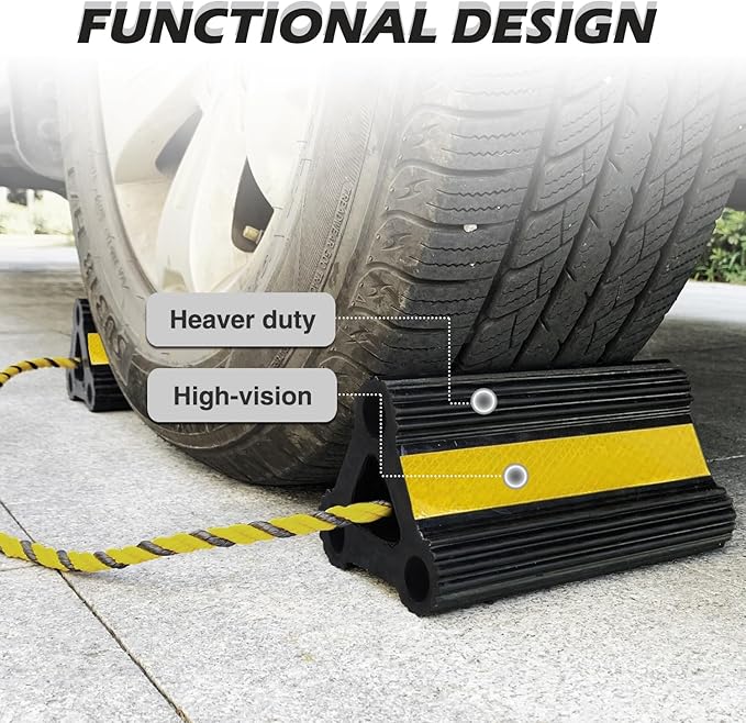 Wheel Chocks for RV Trailer Travel Camper Truck Car, Sturdy Heavy Duty Simple Easy to Use, Rubber Tires Block Stopper Chock with Rope and Yellow Reflective Tape Trailer RV Accessary(2set4pack)