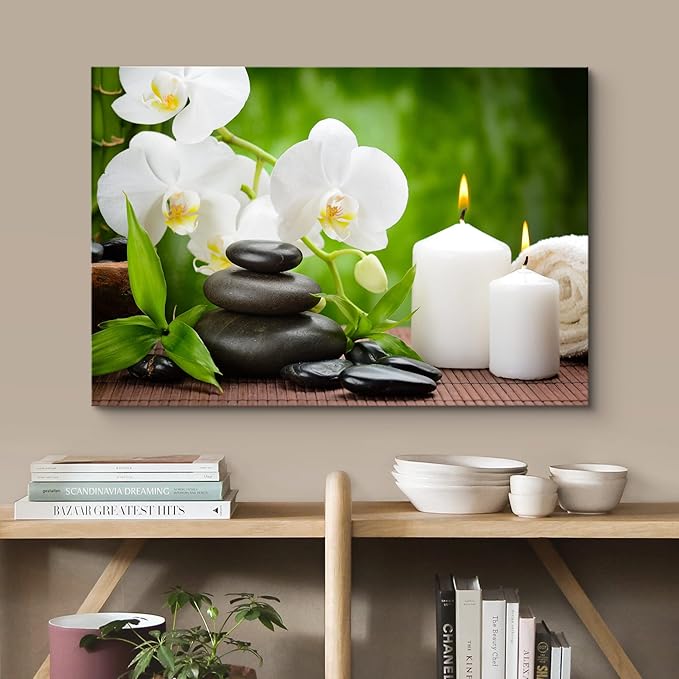 wall26 Canvas Print Wall Art Basalt Stones & Orchids on Wood Panel Nature Floral Photography Realism Rustic Colorful Multicolor Ultra for Living Room, Bedroom, Office - 24"x36"