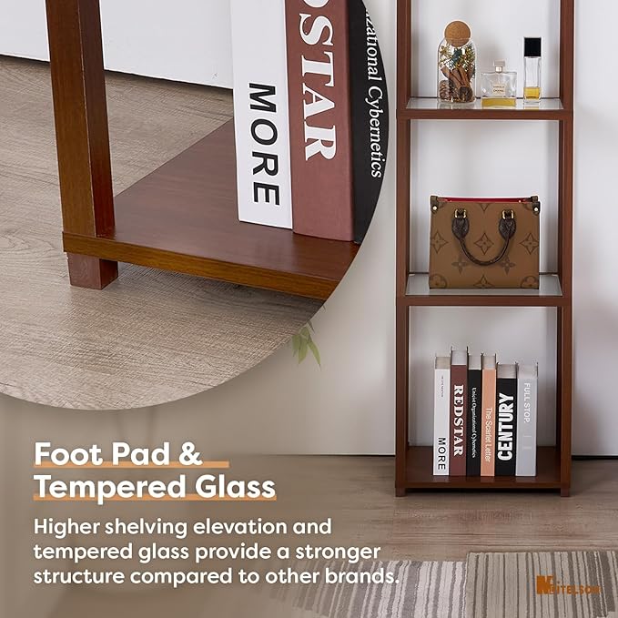 Floor Lamp with Shelves, Modern Shelf Lamps with Tempered Glass, Standing Lamp with LED Bulb, Display Corner Shelf with Lights for Living Room, Bedroom, Office, Brown