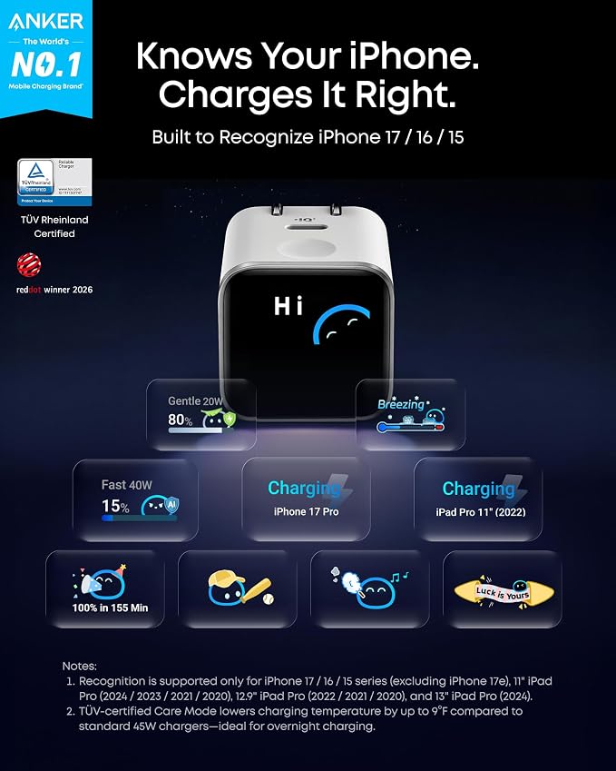 Anker Nano Smart Display Charger, 45W Max Fast Charger USB C for iPhone 17 | 180° Foldable Plug,Smart Recognition, Care Mode GaN USB C Charger Block for iPhone 17/16 (Non-Battery,1 USB-C Port,No Cable)