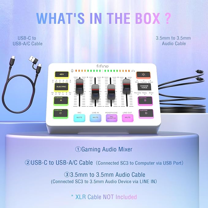 FIFINE Audio Mixer, Gaming Streaming PC Mixer with Slider Fader, XLR Microphone Interface, Monitoring, for Video/Game Voice/Podcast Recording-AmpliGame SC3W | USB PnP For PC,Mute Button,XLR Preamp,RGB,Voice change,48V Phantom Power,Monitoring,Podcast,R...