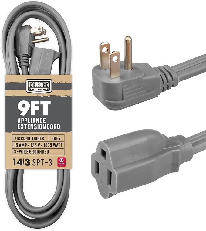 9 Foot Appliance Extension Cord, Gray - 14 Gauge 3 Prong SPT-3 Heavy Duty Cable for Major Appliances