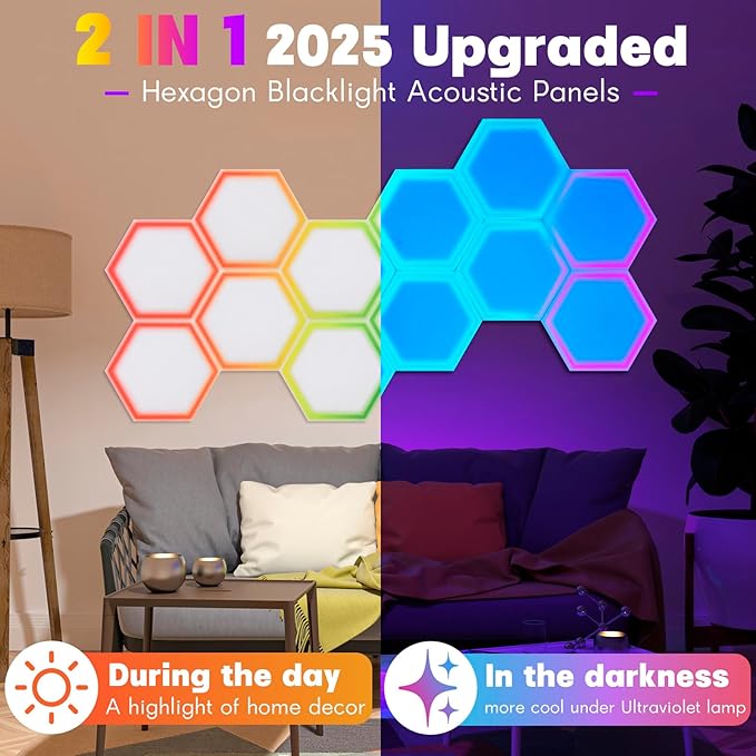 12 Pack Blacklight Acoustic Panels, 14"X 12" X 0.4" Hexagonal UV Reactive Sound Proof Panels for Wall, Sound Absorbing with Self-Adhesive, DIY Decor for Computer Game Room, Bedroom
