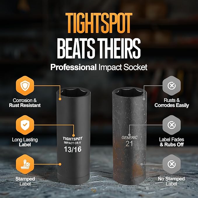 TIGHTSPOT 1/2 Inch Drive 13/16 Inch Deep Impact Socket with Anti-Rounding 6 Point Design, Heat-Treated CRV Steel