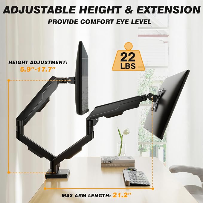 5Rcom Dual Monitor Stand for 17-34 Inch Computer Screens | Gas Spring Full Motion Dual Arms, Each Holds 22lbs, Fits 75/100mm VESA Mount