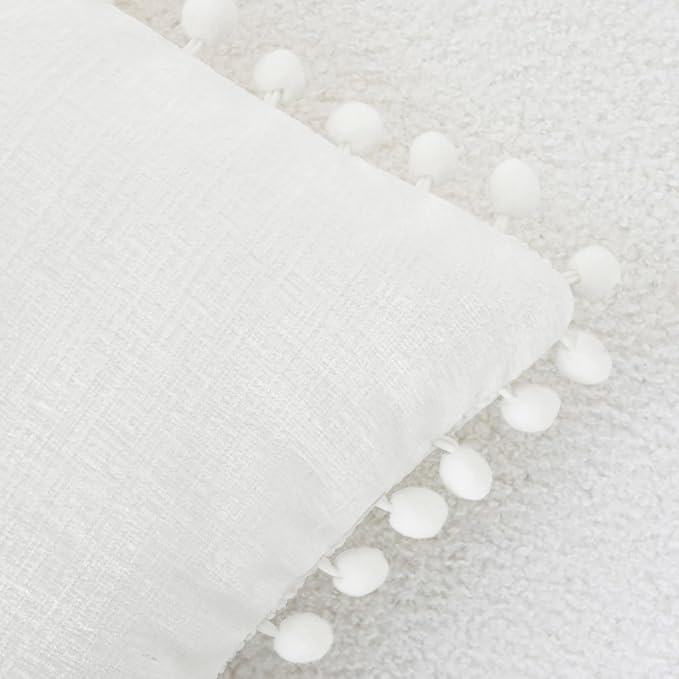 CaliTime Decorative Couch Throw Pillow Covers 20 X 20 Inches True White | Pack of 2, Cozy Chenille Cushion Cases, with Pom Poms for Sofa Bed Living Room Farmhouse Home