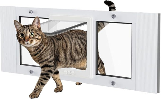Cat Door for Window Weatherproof: Aluminum Frame Flap Pet Door Fit Window Insert - Easy Adjustable to Quick Fit Windows Width 31"-36" - 4 Secure Lock Modes with Magnetic Closure for Cats Dog