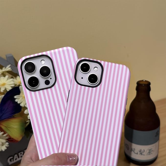 for iPhone 15 Pro Case Striped Cute Aesthetics Phone Case Trendy Protective Shockproof Cover for iPhone 15 Pro Pink White