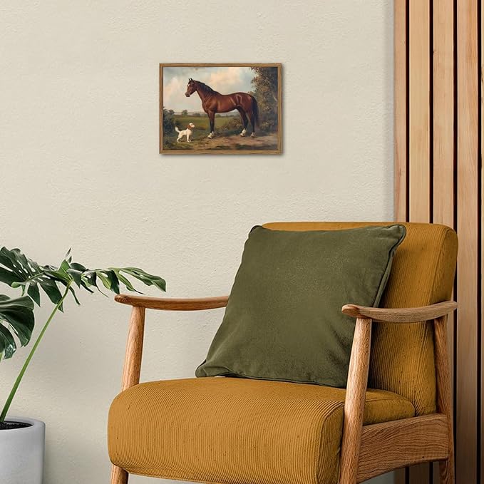 Framed Vintage Wall Art, Rustic Horse and Dog Pictures Wall Decor, Farmhouse Animal landscape Paintings Canvas Prints Neutral Aesthetic Home Decor for Living Room Bedroom Bathroom Office 8x10 inch