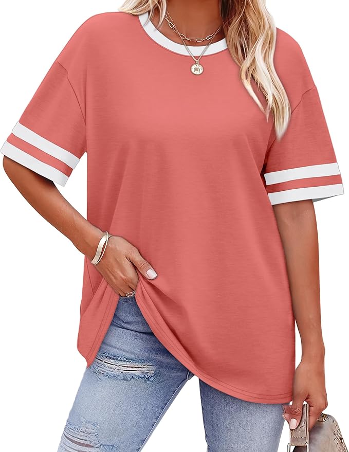 WIHOLL Womens T Shirts Loose Fit Short Sleeve Tees Crew Neck Color Block Summer Tops 2026 Fashion