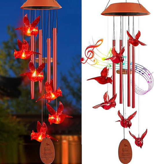 Cardinal Solar Wind Chimes Outdoor, Cardinal Bird Wind Chime Light with 4 Red Metal Tube, Cardinal Gifts for Women Mom Grandma, Birthday Gifts Memorial Sympathy Gift