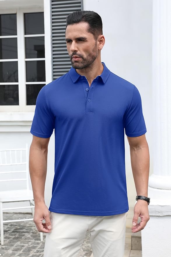 MAGCOMSEN Men's Polo Shirts Short Sleeve Cotton Pique 3 Button Classic Fit Casual T-Shirt Performance Golf Shirts