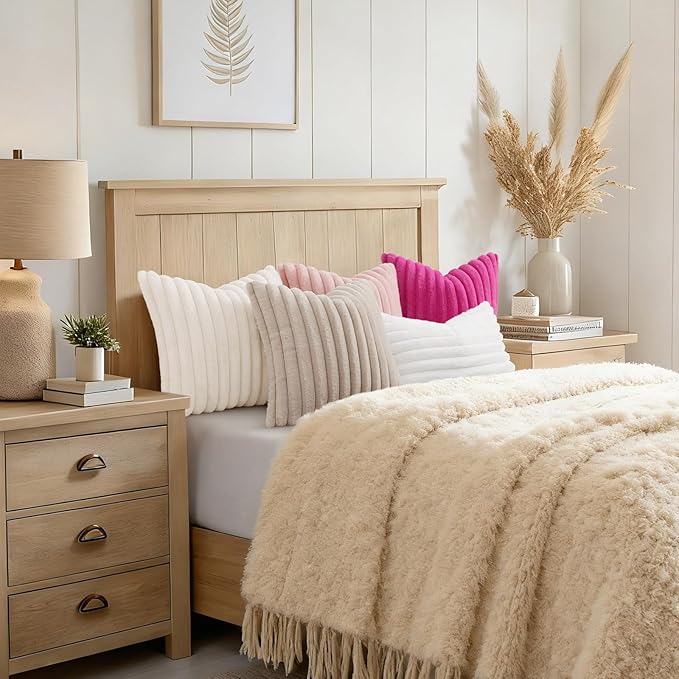 decorUhome Fall Faux Fur Throw Pillow Covers 12x12 Set of 2 Cream White | Decorative Soft Cozy Striped Plush Modern Farmhouse Boho Couch Pillow Cases Velvet Back for Sofa Bed Living Room Home Decor