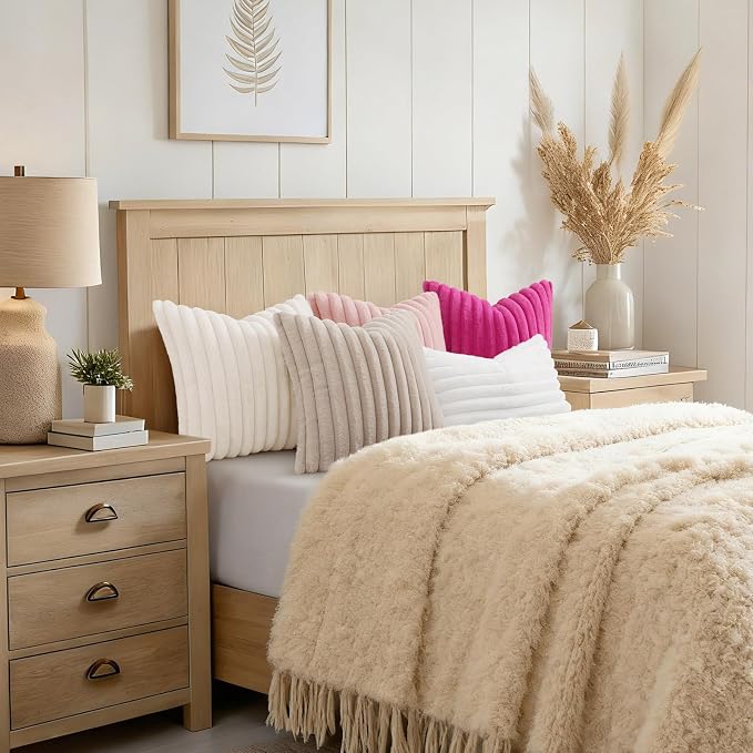 decorUhome Fall Faux Fur Throw Pillow Covers 12x20 Set of 2 Cream White | Decorative Soft Cozy Striped Plush Modern Farmhouse Boho Couch Pillow Cases Velvet Back for Sofa Bed Living Room Home Decor