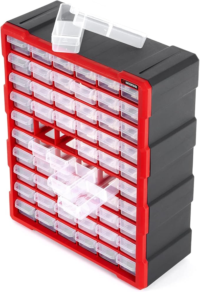 INTERTOOL Small Parts Organizer for Hardware & Screws | 60 Removable Bins with Dividers | Wall Mount or Desktop Craft & Lego Storage Cabinet | 19” x 15” x 7” BX08-4016