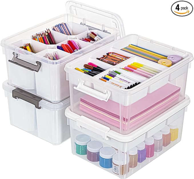 Citylife 17 QT Plastic Storage Bins Clear Storage Box with Lids Multipurpose Stackable Storage Containers for Organizing Tool, Craft, Crayon, 4 Packs